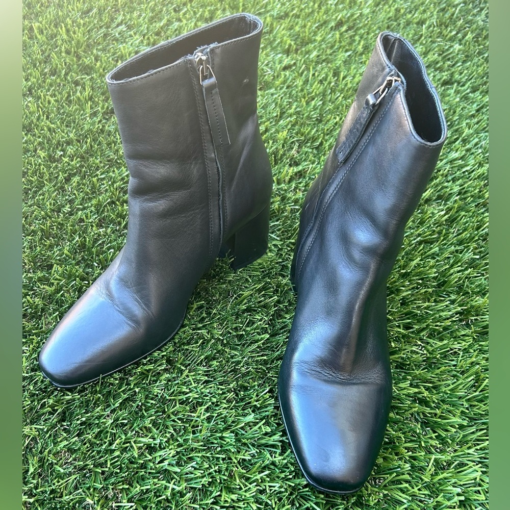 Avellini Black Leather Square Toe Block Heel Ankle Boots Made in Italy Size 38